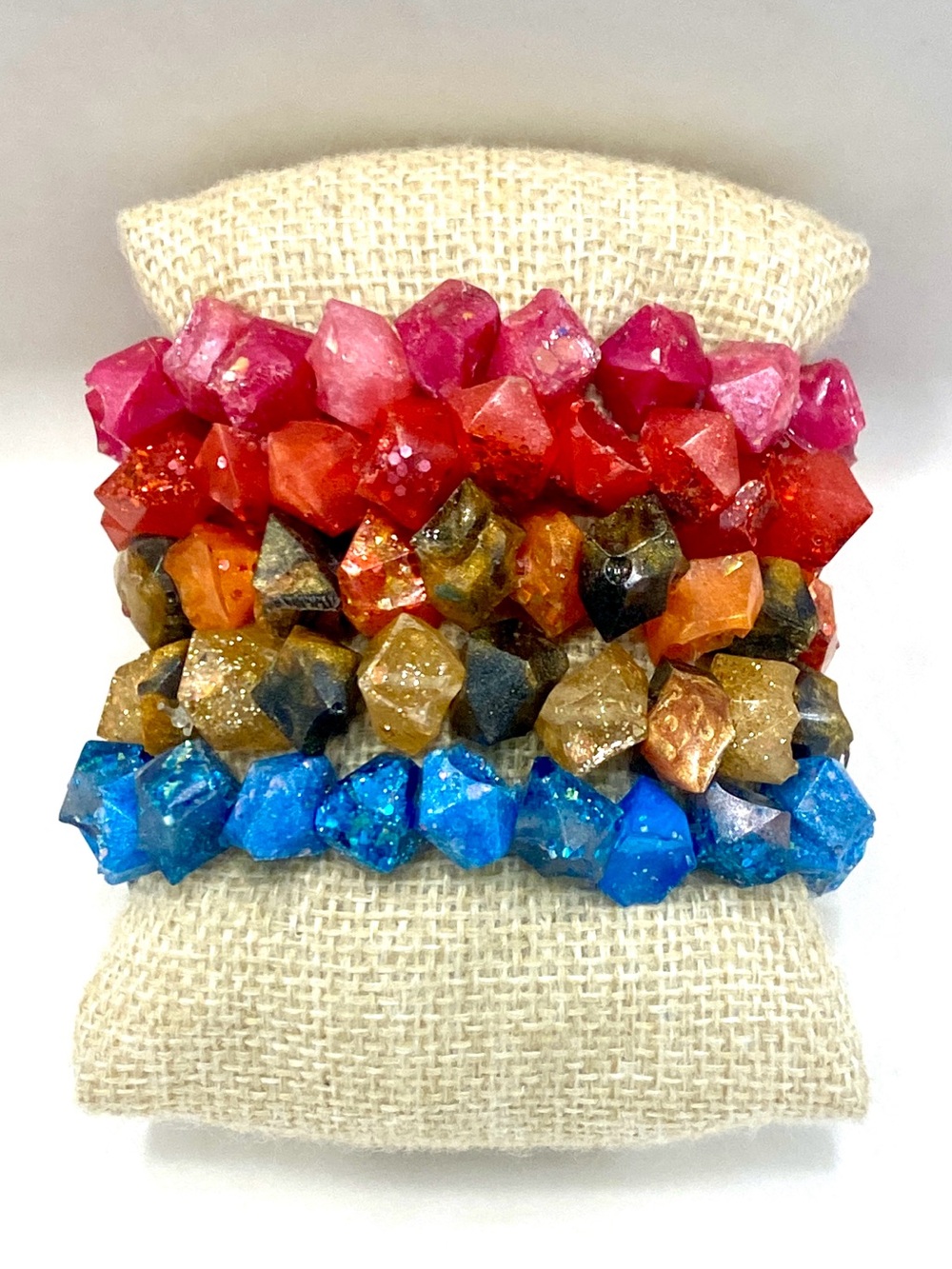 Lot of 5 Handmade Resin Chunky Faceted Bicone Nugget Stretch Bracelet Set NWOT